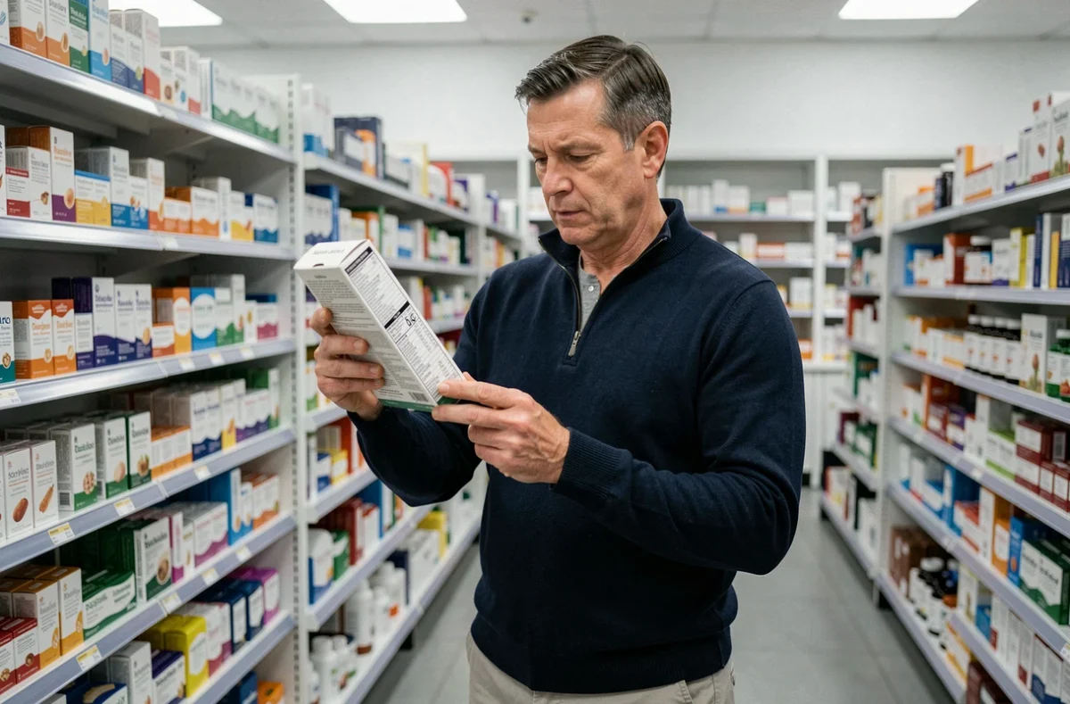 Homme lisant l'étiquette d'un supplément digestif en pharmacie pour problèmes de ballonnements