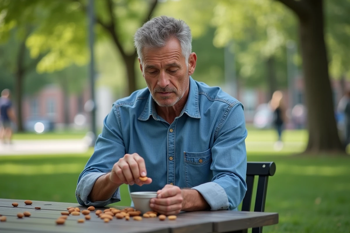 Homme comptant des amandes lors d