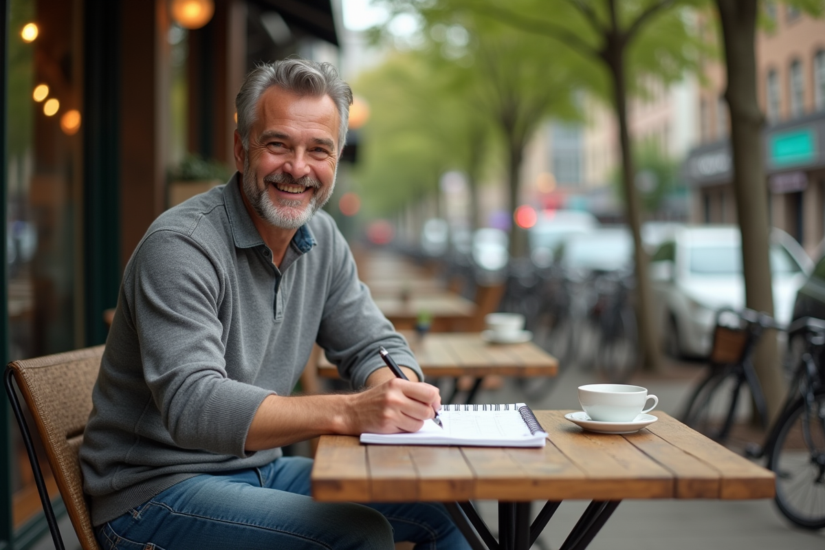Homme souriant planifiant ses repas en extérieur