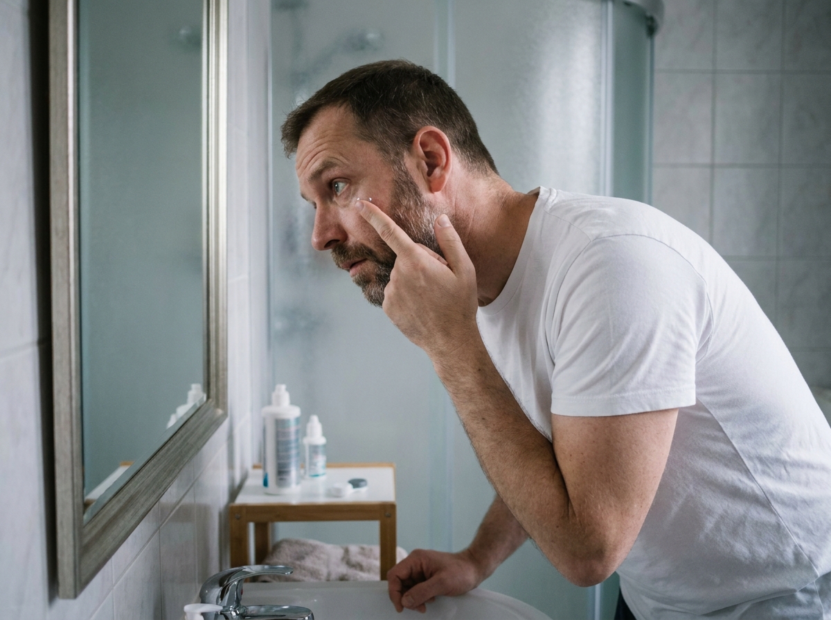 Homme en train de mettre une lentille de contact devant un miroir de salle de bain