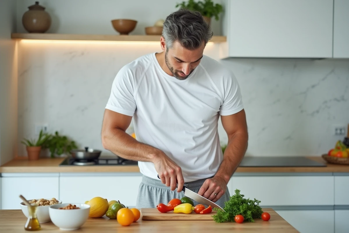 Homme préparant un repas sain dans une cuisine moderne, approche alimentaire flexible sans régime strict Indiva