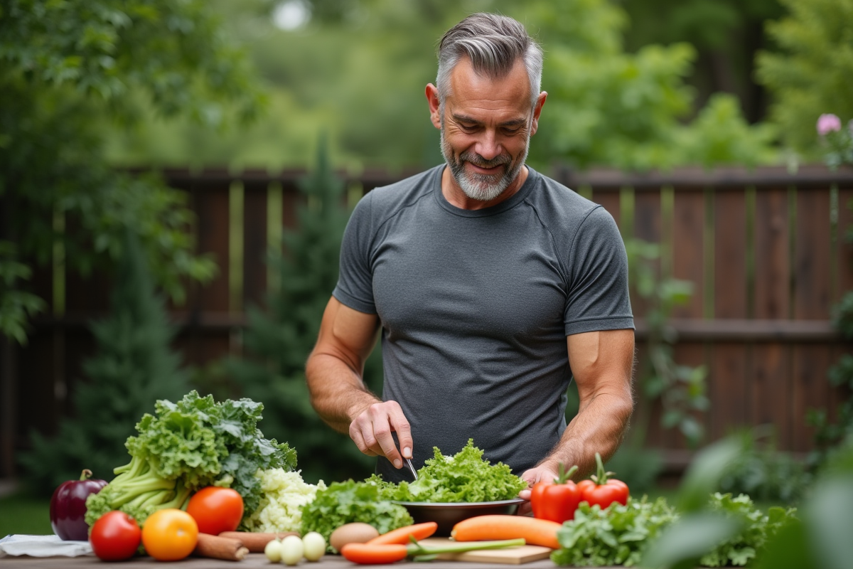 Homme en tenue de sport préparant une salade en extérieur