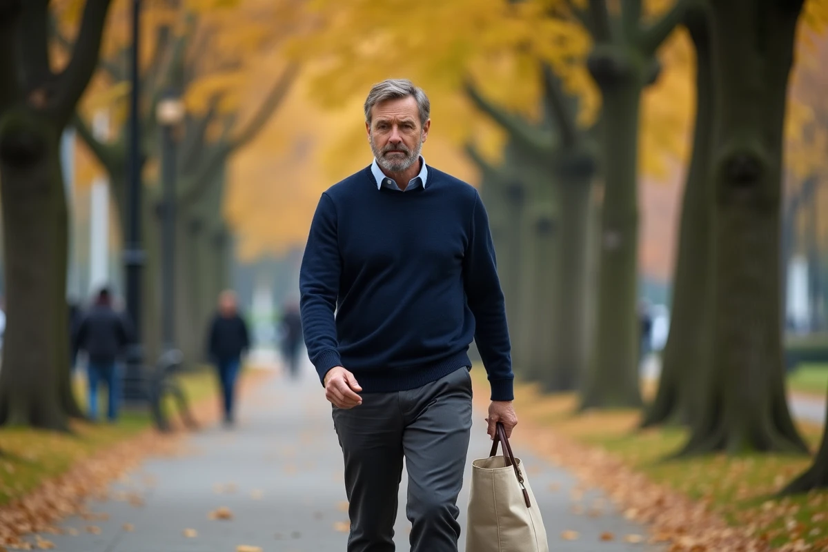 Homme marchant sereinement dans un parc urbain en automne, symbolisant un mode de vie conscient et aligné avec des valeurs personnelles