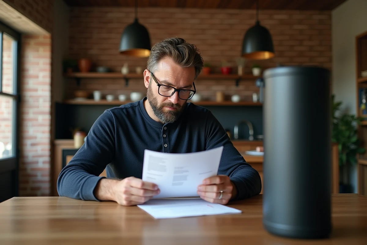 Homme lisant un rapport de qualité d'eau à table avec un grand filtre Berkey noir au premier plan dans une cuisine de style rustique
