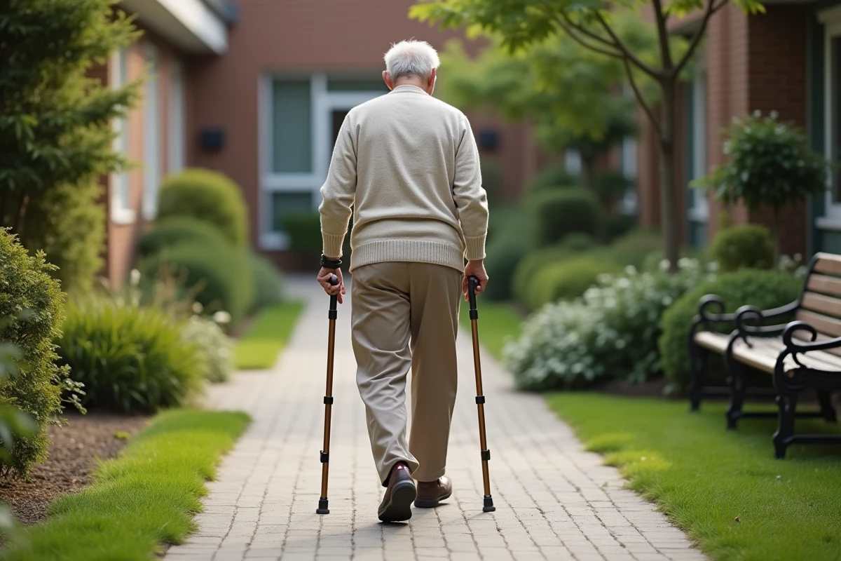 Homme âgé marchant avec une canne dans un jardin