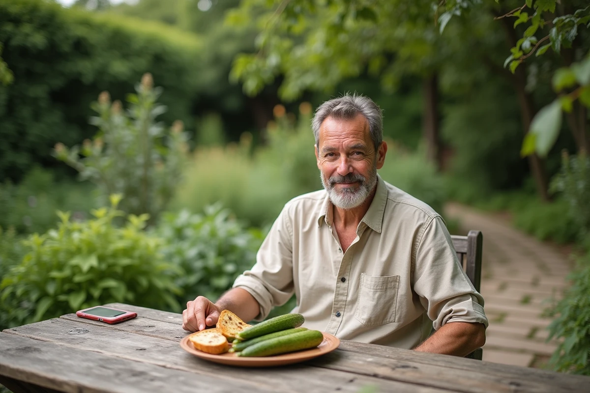 Homme dégustant une courgette grillée en extérieur