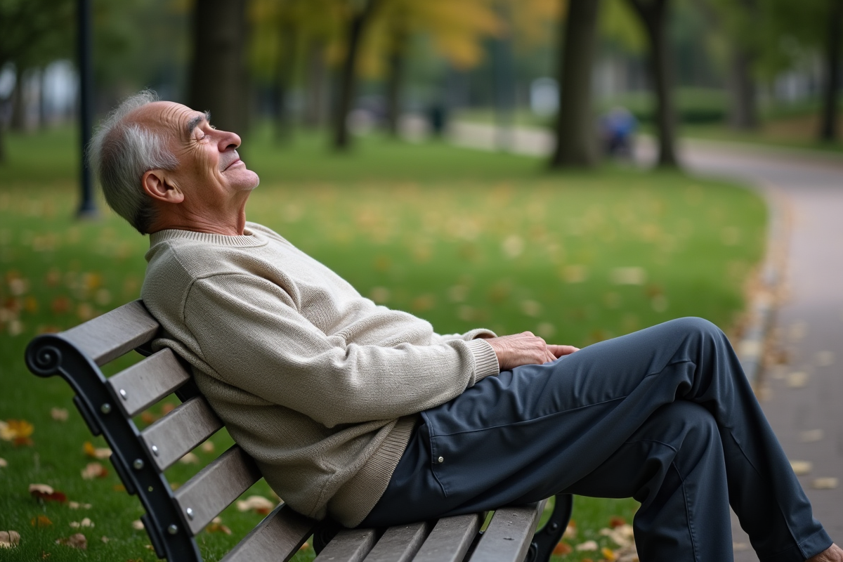 Homme âgé reposant sur un banc dans un parc verdoyant