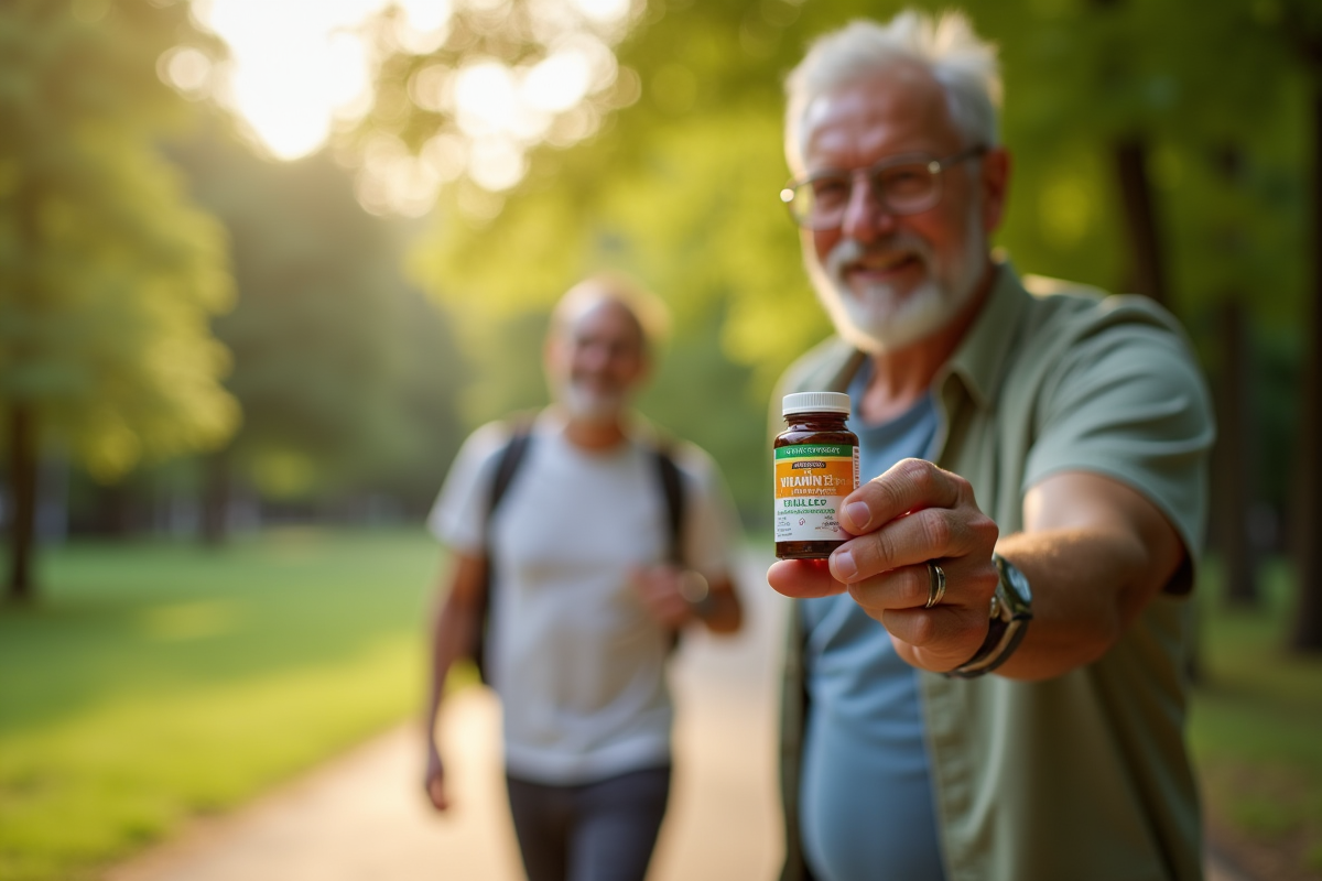 Homme senior marchant dans le parc avec vitamine B12 en main