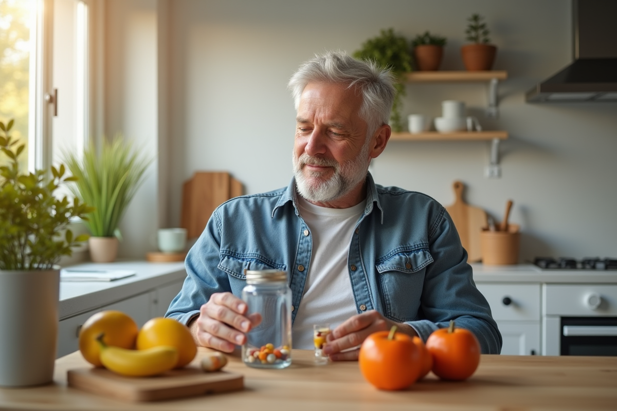 Homme aux cheveux gris relaxant dans une cuisine lumineuse