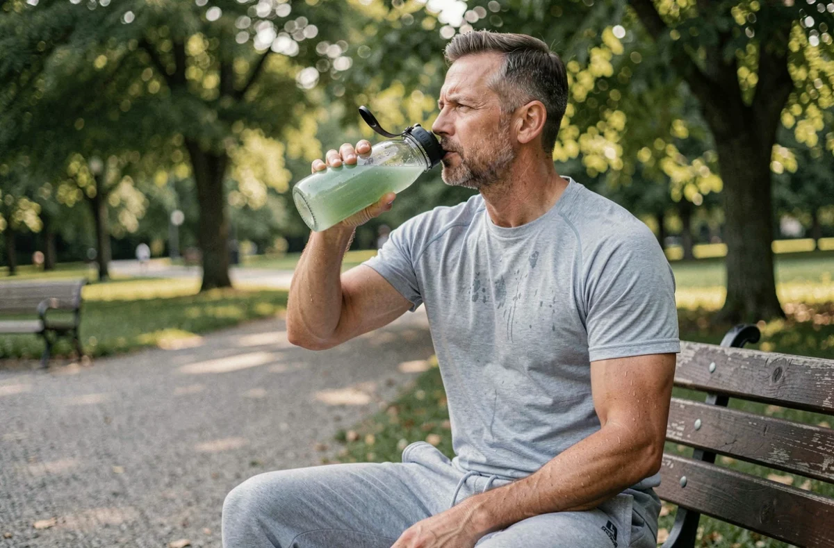 Homme buvant une boisson aloe vera dans une bouteille en verre après une séance de sport en plein air dans un parc