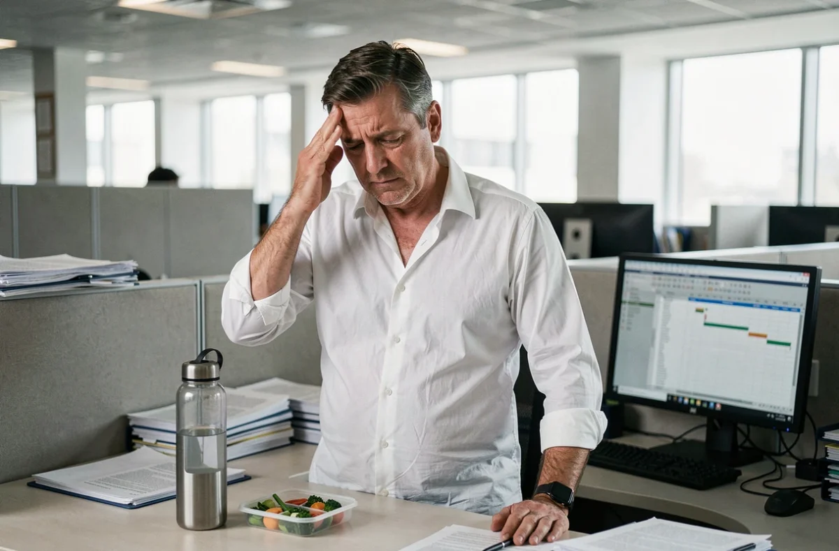 Homme stressé au bureau ressentant des vertiges, avec une bouteille d'eau et des légumes sur son bureau, soulignant l'impact de l'alimentation sur la fatigue