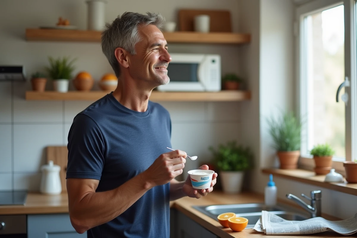 Homme consommant un yaourt probiotique le matin pour soutenir sa digestion quotidienne