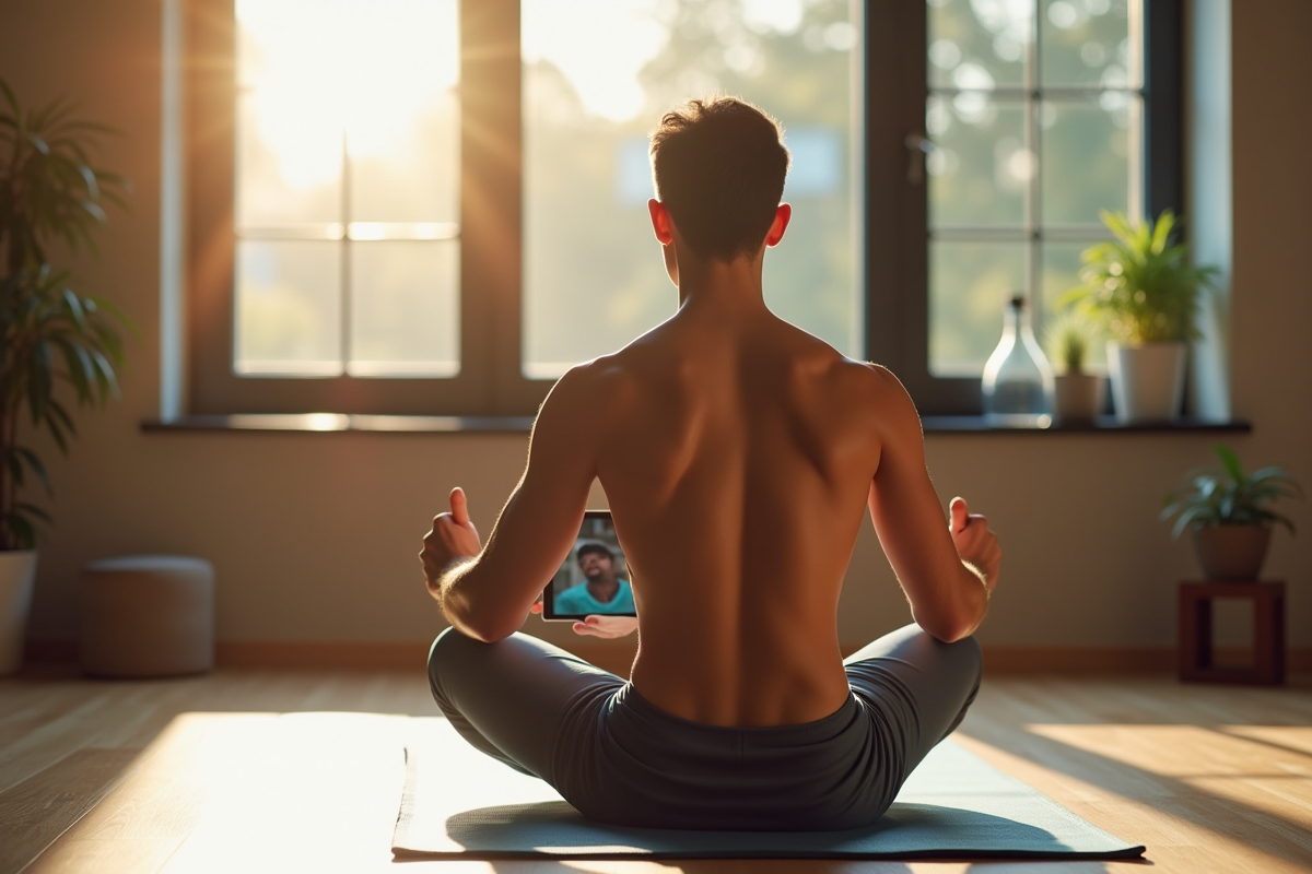 Homme assis sur un tapis de yoga suivant une séance en ligne