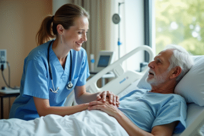 Infirmière aidant un patient âgé dans un lit d'hôpital