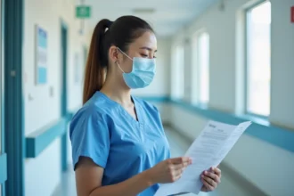 Infirmière souriante en blouse bleue dans un hôpital