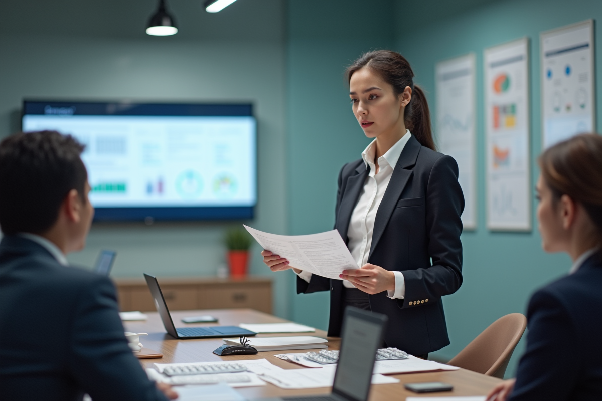 Ingénieure pharmaceutique présentant documents et plaquettes de médicaments