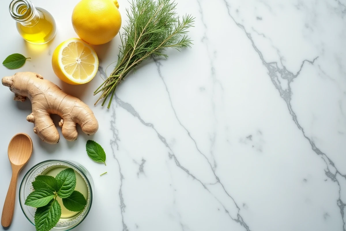 Ingrédients naturels pour favoriser le transit intestinal disposés sur un plan de travail en marbre, incluant gingembre, citron et fenouil