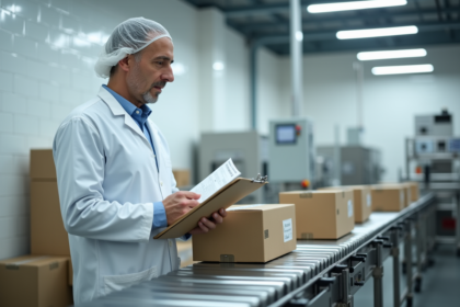 Inspecteur qualité en laboratoire vérifiant emballages pharmaceutiques