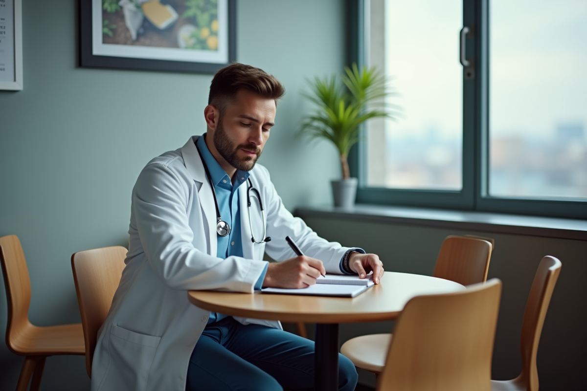 Jeune médecin écrivant dans un journal dans la salle de repos