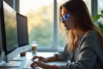 Jeune femme portant des lunettes anti lumière bleue au bureau