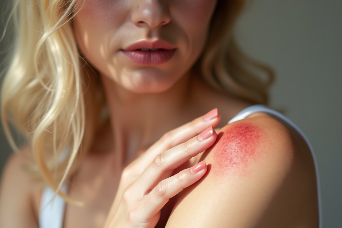 Jeune femme examinant une éruption rouge sur son bras