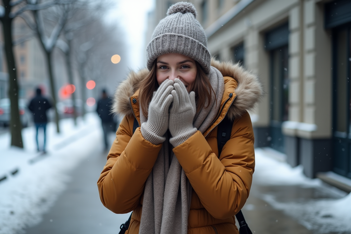 Jeune femme en hiver dans la rue avec écharpe et masque