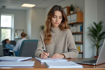 Jeune femme en stage d'ergothérapie prenant des notes