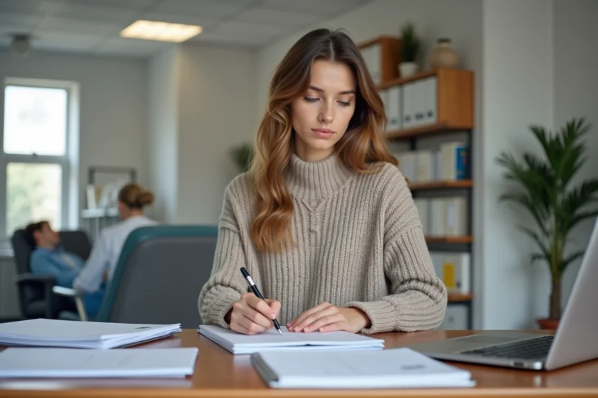 Jeune femme en stage d'ergothérapie prenant des notes
