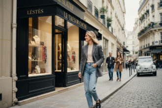 Jeune femme élégante dans une rue parisienne chic