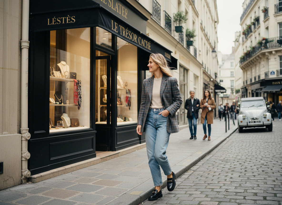 Jeune femme élégante dans une rue parisienne chic