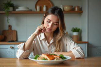 Jeune femme en pastel mangeant un repas sain à la maison