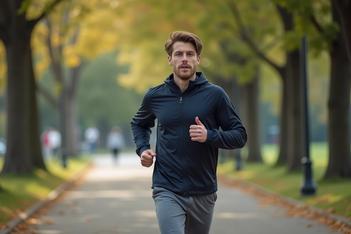 Jeune homme courant dans un parc arboré en tenue sportive