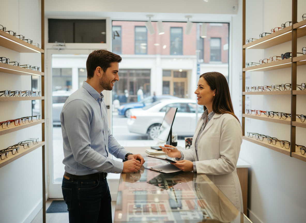 Jeune homme discutant avec un opticien dans une boutique lumineuse