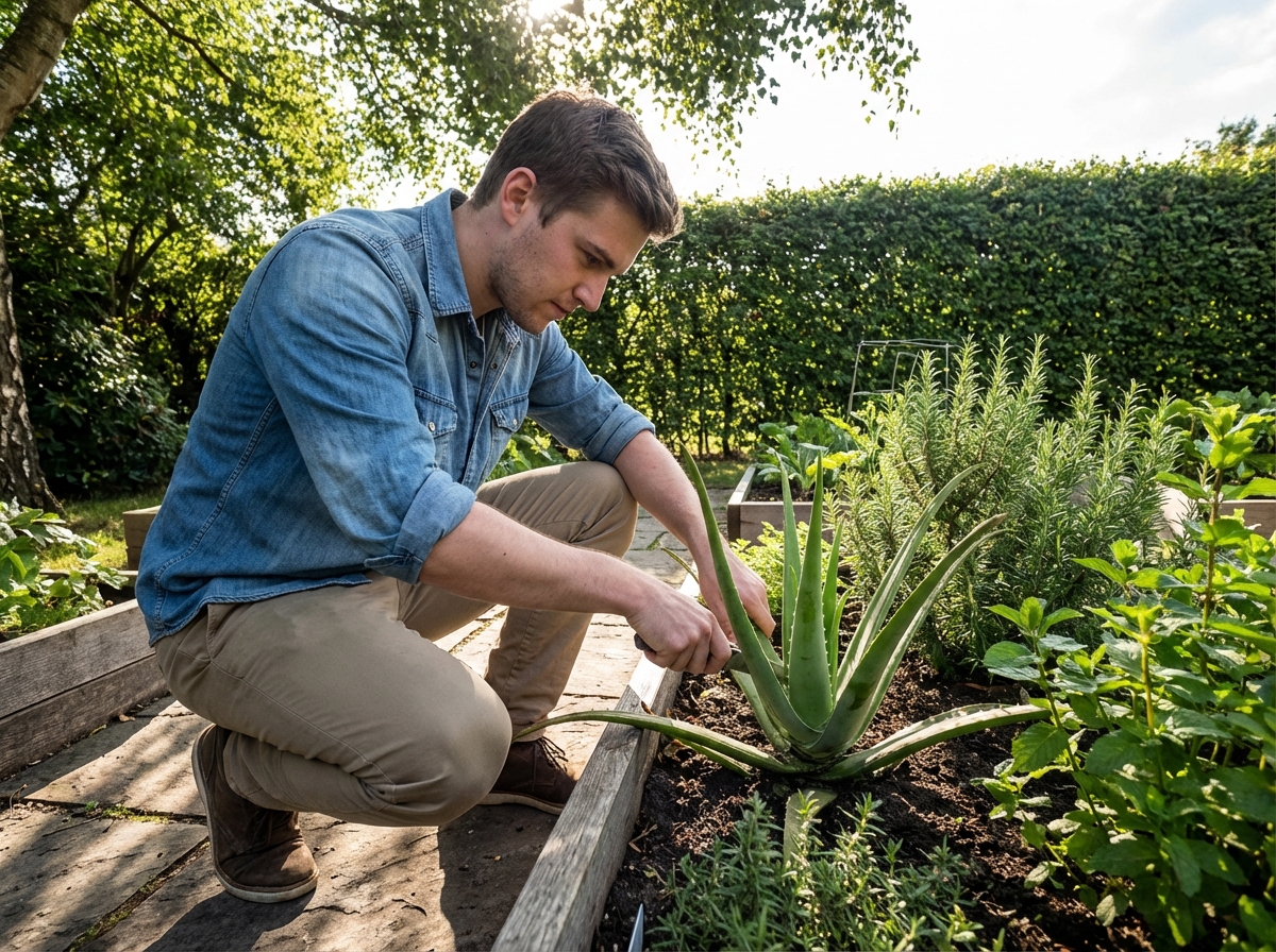 Jeune homme cueillant des feuilles d aloe vera dans le jardin