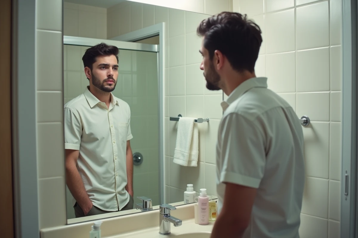 Jeune homme regarde son reflet dans le miroir avec inquiétude