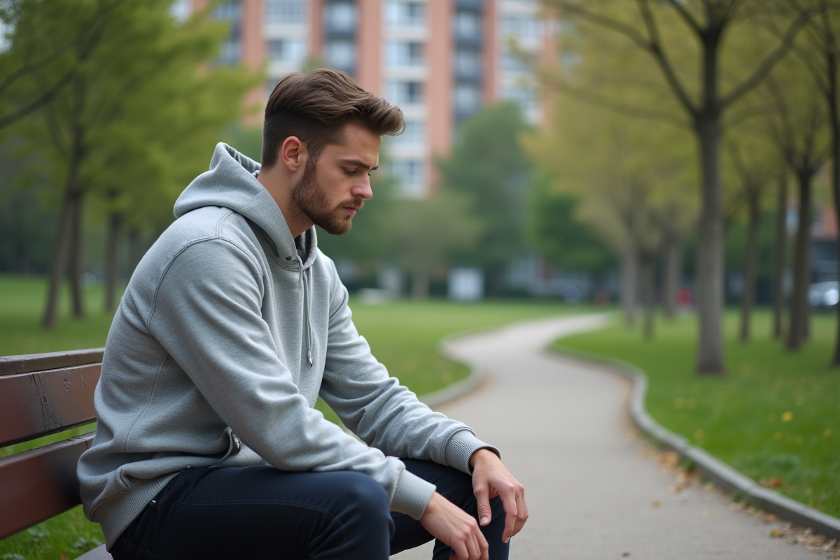 Jeune homme assis sur un banc dans un parc urbain
