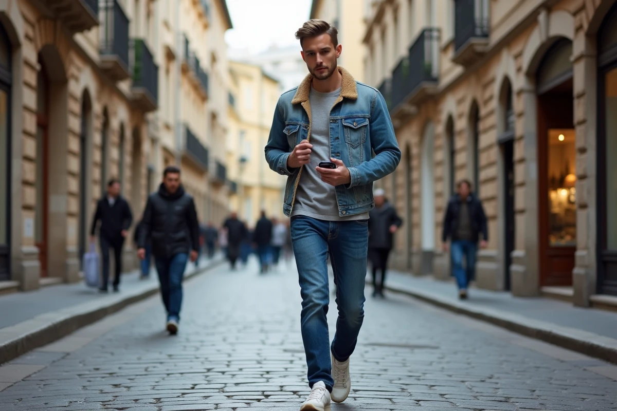 Jeune homme en jean marche dans une rue pavée avec un podomètre