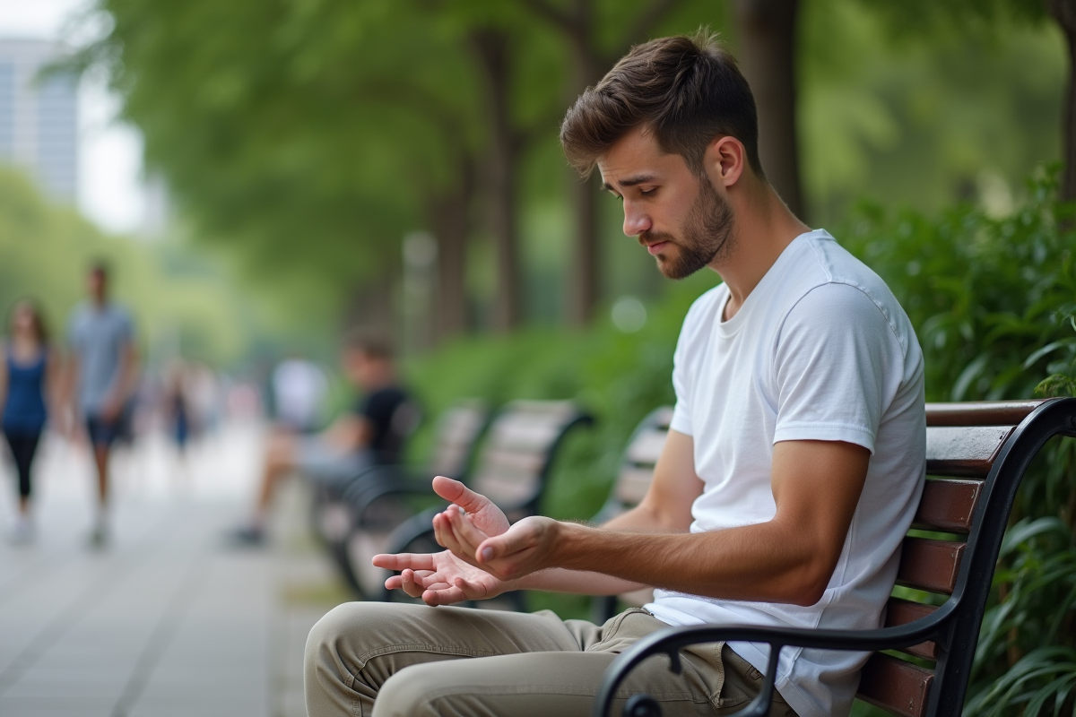 Jeune homme regardant un rash sur sa main en plein air