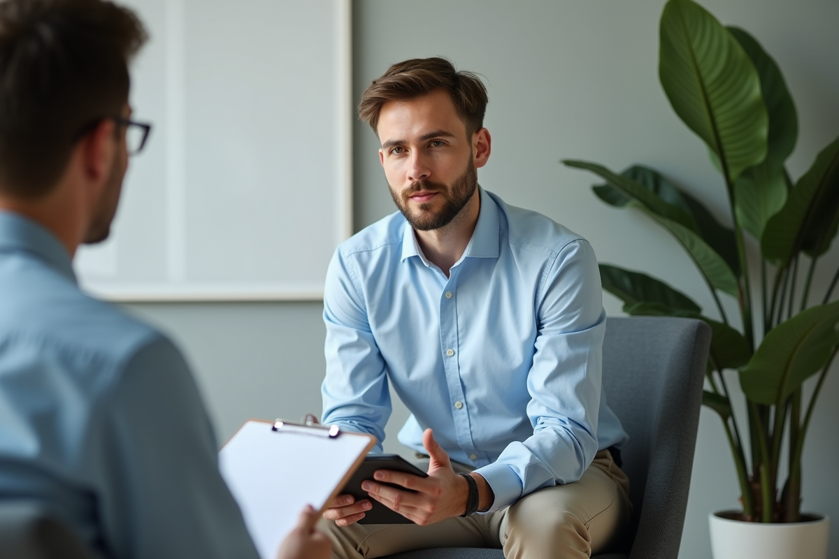 Jeune psychologue homme en consultation attentive
