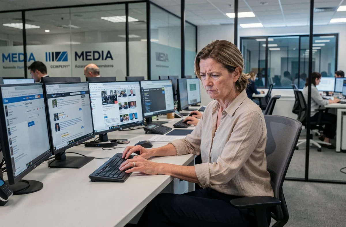 Journaliste dans une rédaction moderne vérifiant des informations sur des écrans, symbolisant le travail d'enquête sur les rumeurs en ligne