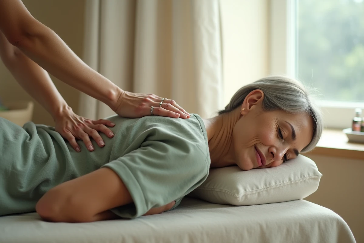 Kinésithérapeute examinant le dos et la région sous l'aisselle d'une patiente allongée sur une table de soins, illustrant le lien entre douleur dorsale et aisselle