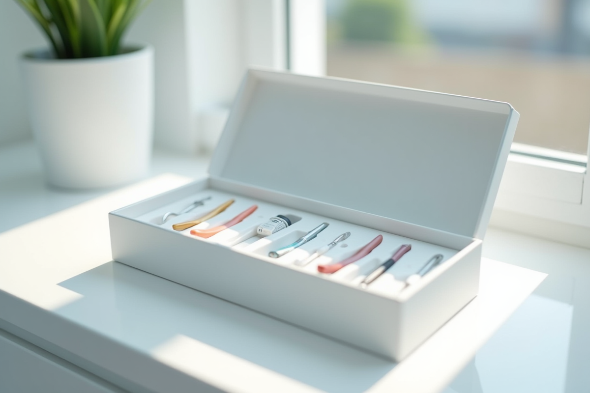 Kit de blanchiment dentaire avec outils et gels sur comptoir blanc