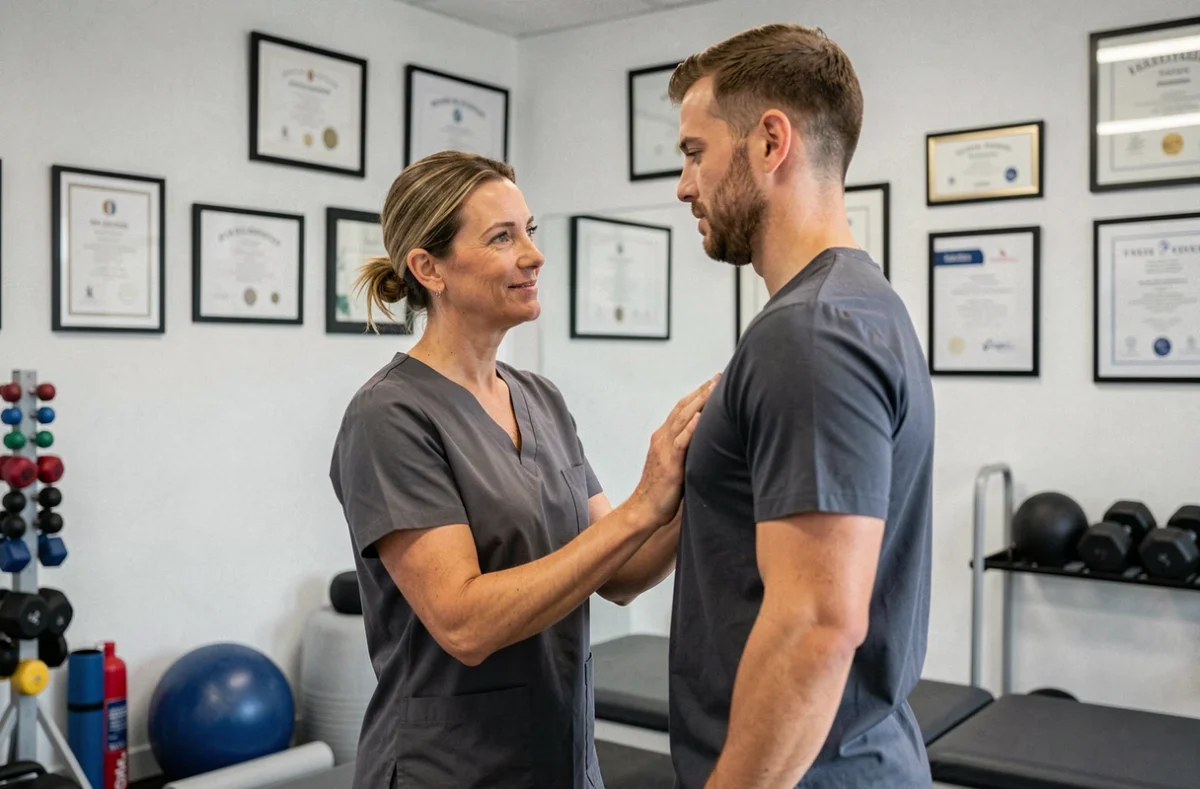 Laurie Queiroga, kinésithérapeute spécialisée à Versailles, réalisant un bilan de rééducation sportive sur un patient debout dans son cabinet
