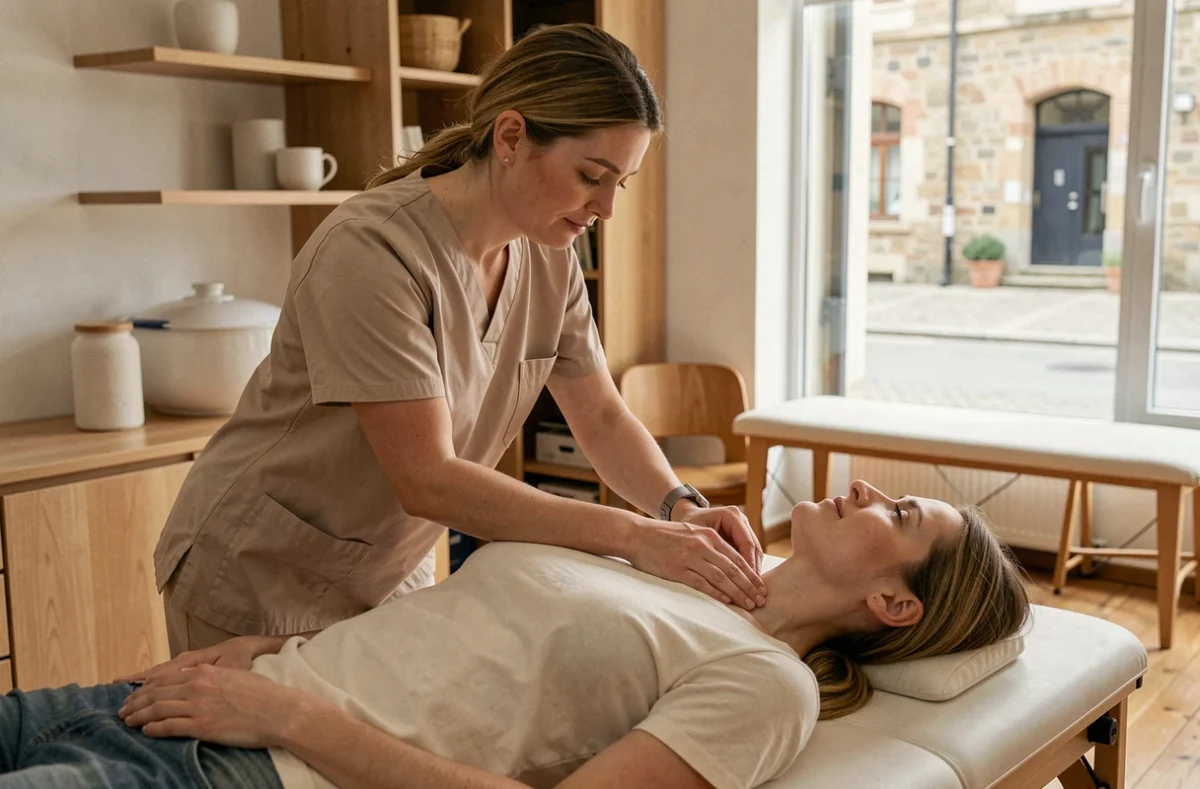Louise Blondé, kinésithérapeute à Saint-Germain-en-Laye, réalisant une technique de thérapie manuelle cervicale sur un patient allongé