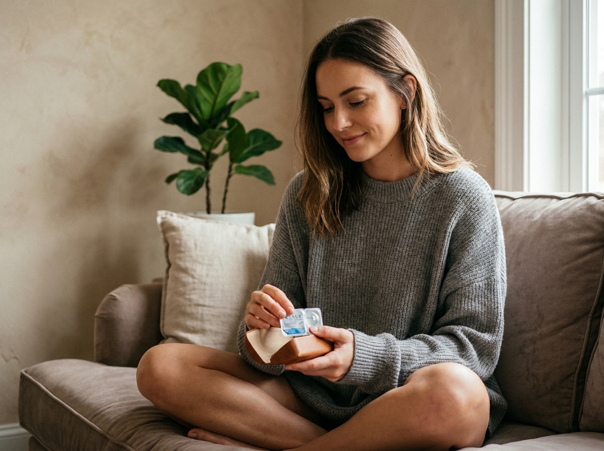 Jeune femme comparant des lunettes et des lentilles de contact posées dans ses mains sur un canapé