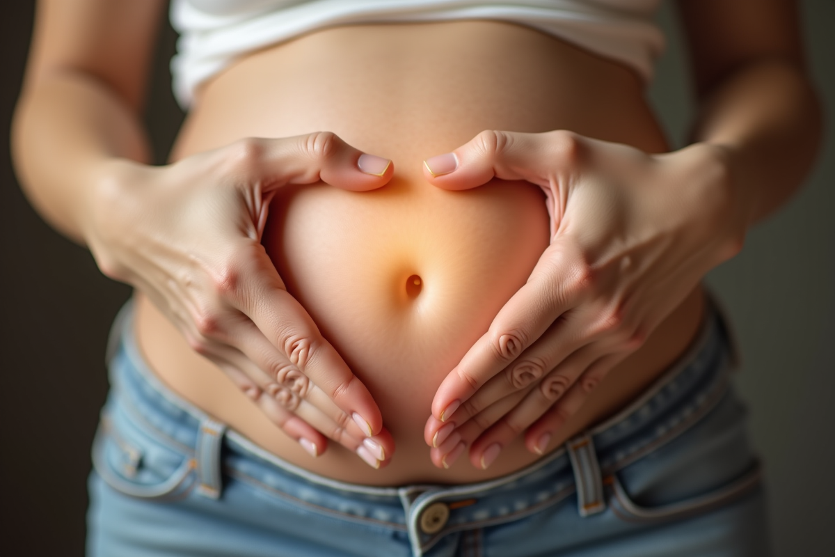 Mains formant un coeur sur le ventre de la femme enceinte