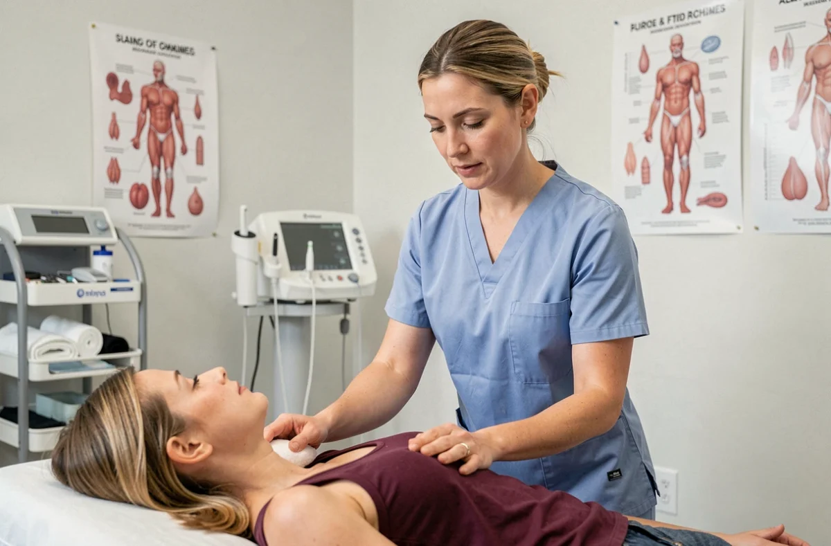 Kinésithérapeute spécialisée en périnéologie réalisant une séance de rééducation du périnée à Vaux-sur-Seine dans une maison médicale