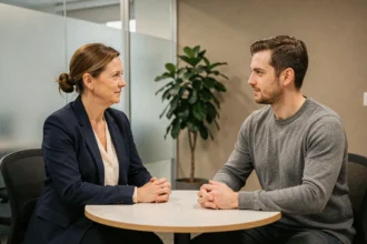 Manager femme en réunion bienveillante avec un employé dans un bureau moderne, illustrant le management inclusif et l'accompagnement au travail