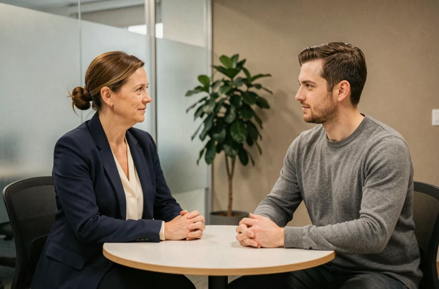 Manager femme en réunion bienveillante avec un employé dans un bureau moderne, illustrant le management inclusif et l'accompagnement au travail