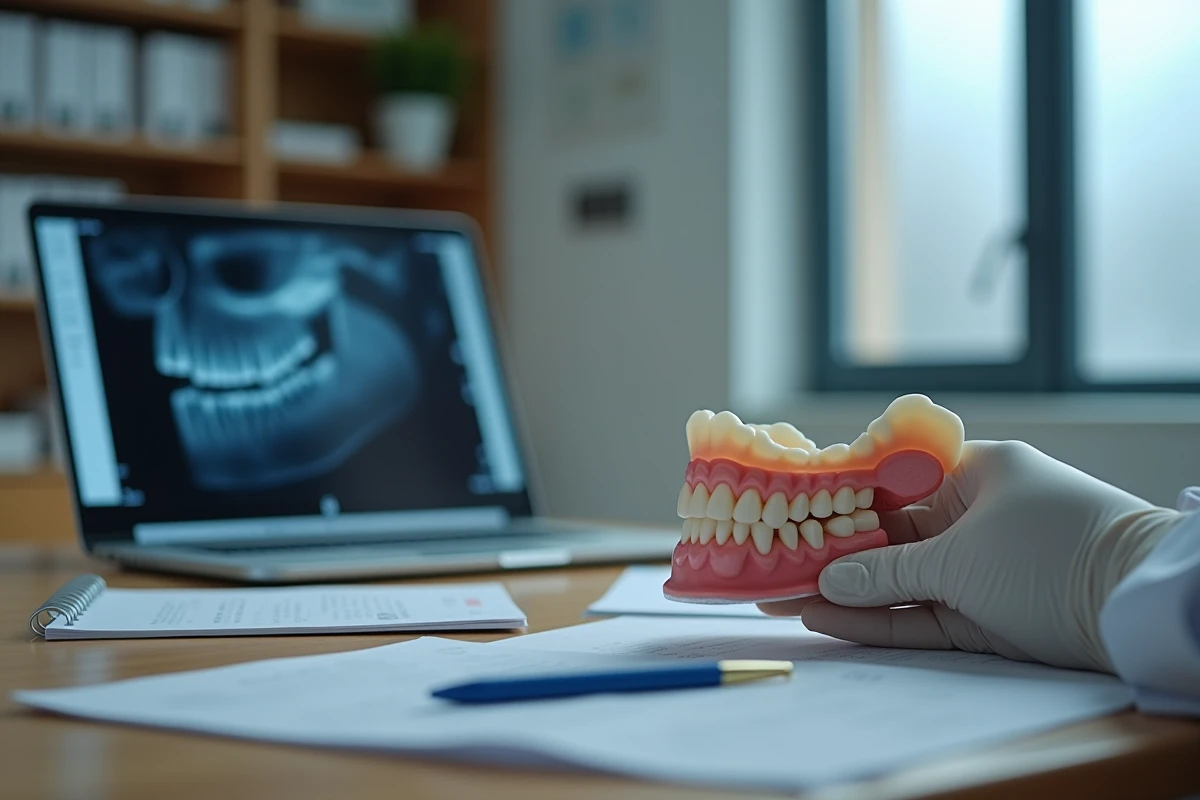 Mains de dentiste tenant une maquette de mâchoire et une radiographie pour évaluer les options prothétiques sans implant en cas de déficit osseux